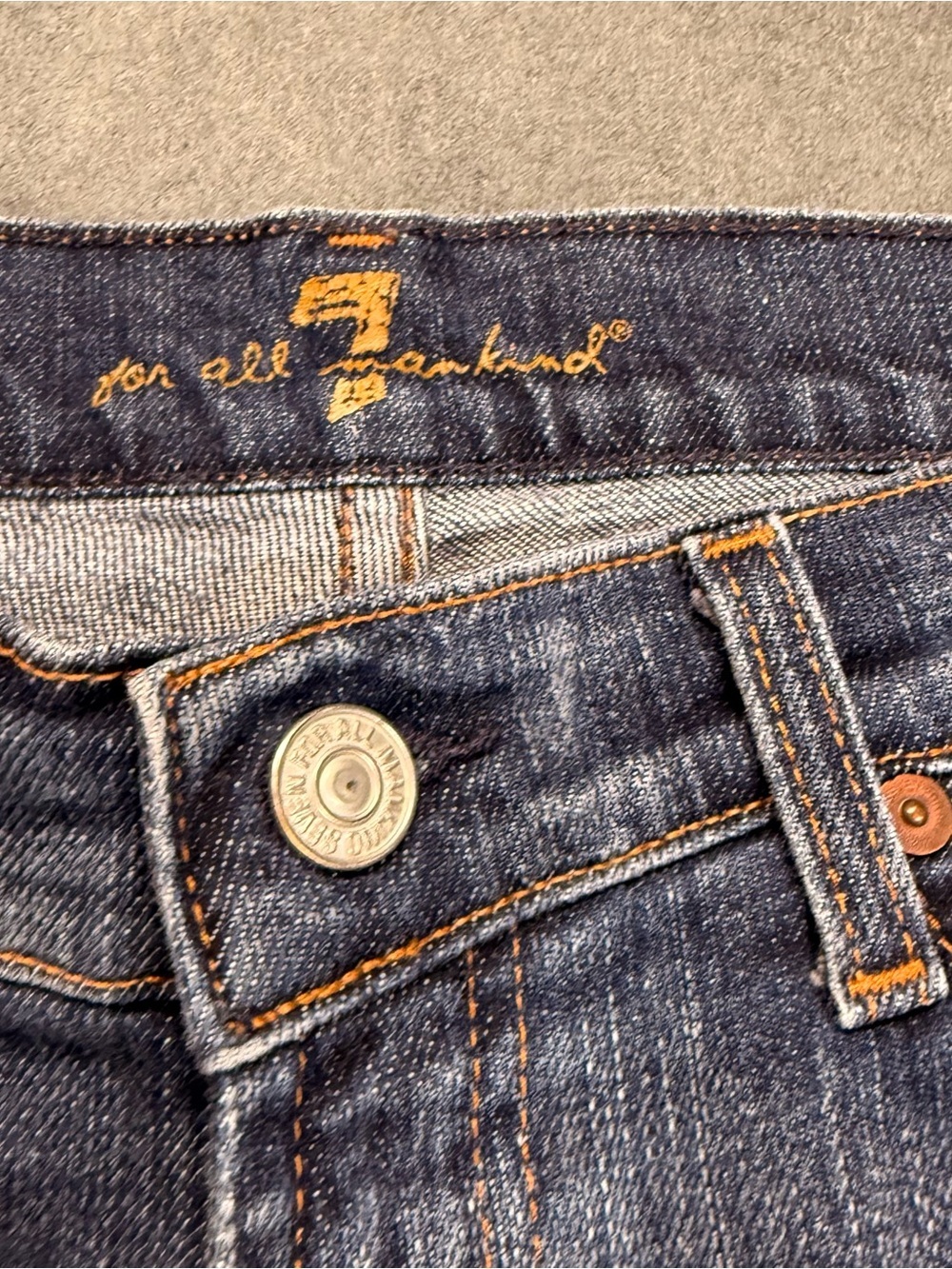 7 For All Mankind Dark Blue Denim Jean Shorts with Orange Stitching